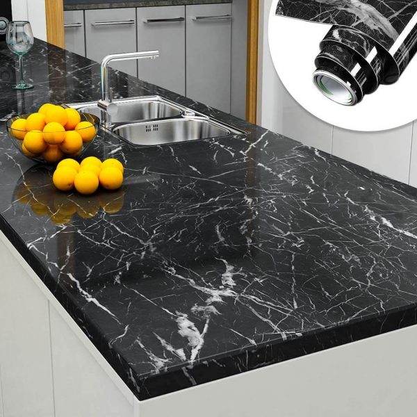 SELF ADHESIVE BLACK & WHITE MARBLE SHEET FOR KITCHEN / WATERPROOF ANTI OIL & HEAT RESISTANT WALLPAPER SHEET